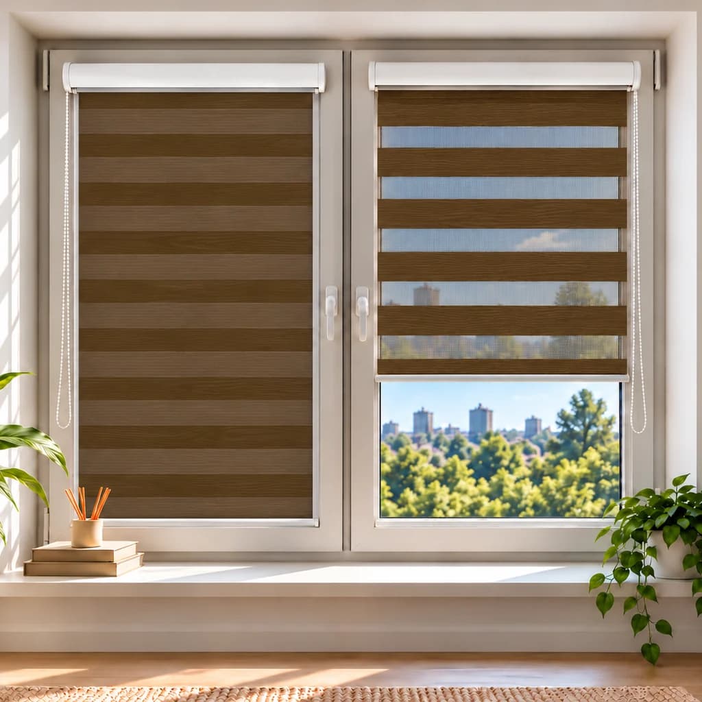 INTEGRA BOX DUO Рулонные тканевые шторы Wood Зебра, День-ночь, венге